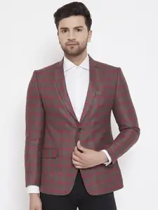 Spirit Men Brown & Red Checked Tailored-Fit Single-Breasted Casual Sustainable Blazer