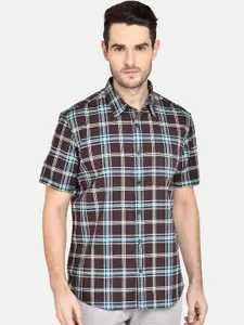 Basics Men Coffee Brown & Off-White Slim Fit Checked Casual Shirt