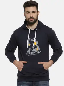Campus Sutra Men Navy Blue Beethoven Printed Hooded Sweatshirt