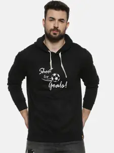 Campus Sutra Men Black & White Printed Hooded Sweatshirt