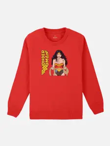 Kids Ville Girls Red & Yellow Wonder Woman Printed Sweatshirt