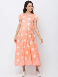 MomToBe Peach-Coloured Printed Fit and Flare Maternity  Feeding Nursing Sustainable Dress