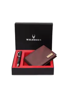 WildHorn Men Brown & Black RFID Protected Genuine Leather Wallet & Pen Accessory Gift Set