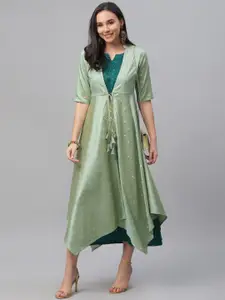Libas Green Embroidered Maxi Dress with Shrug