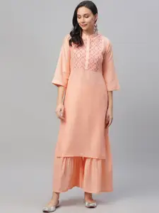 Libas Women Peach-Coloured Yoke Design Straight Kurta