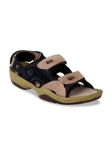Woakers Men Beige & Black Colourblocked Leather Sports Sandals