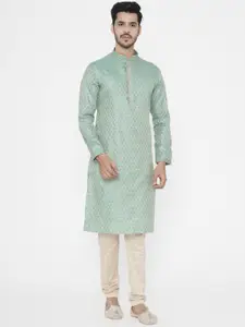 Manyavar Men Green & Gold-Coloured Self Design Kurta with Churidar