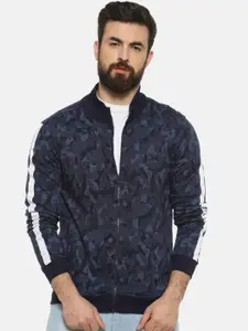 Campus Sutra Men Navy Blue Camo Printed Windcheater Bomber Jacket