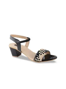 Shoetopia Women Black & Beige Woven Design Heels
