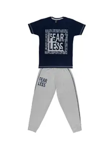 Todd N Teen Boys Navy Blue & Grey Melange Printed T-shirt with Pyjamas