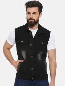 Campus Sutra Men Black Washed Windcheater Denim Jacket