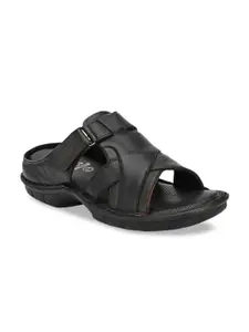 Hitz Men Black Leather Comfort Sandals