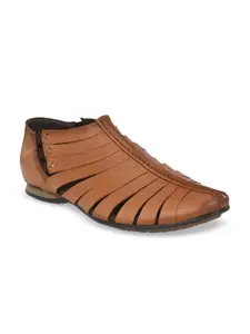 Hitz Men Tan Brown Leather Shoe-Style Sandals