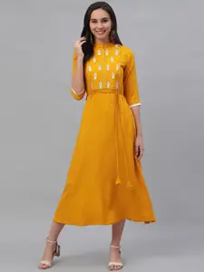 GERUA Women Mustard Yellow Embroidered A-Line Dress