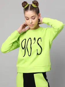 STREET 9 Women Fluorescent Green & Black Printed Sweatshirt