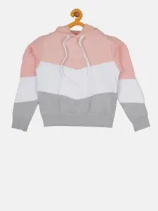 Instafab Boys Grey & Pink Colourblocked Hooded Sweatshirt