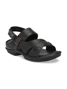 Hitz Men Black Solid Leather Comfort Sandals