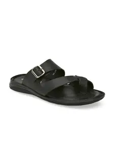 Hitz Men Black Solid Leather Comfort Sandals