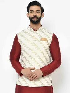 KISAH Men Cream-Coloured & Brown Printed Nehru Jacket