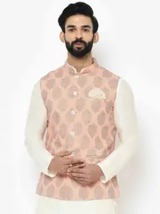 KISAH Men Pink & White Printed Nehru Jacket