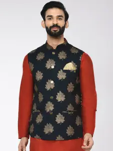 KISAH Men Black & Gold-Coloured Printed Nehru Jacket
