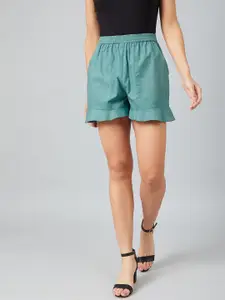 Athena Women Teal Green Solid Regular Fit Regular Shorts