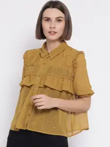 Oxolloxo Women Mustard Yellow Regular Fit Solid Ruffle Casual Shirt