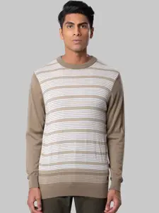 Raymond Men Beige & White Striped Pullover Sweater