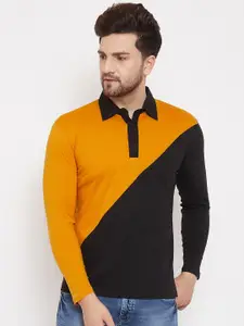 Hypernation Men Mustard Yellow  Black Colourblocked Polo Collar Pure Cotton T-shirt