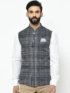 KISAH Men Grey Melange & Black Printed Nehru Jacket