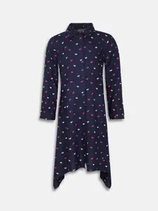 Oxolloxo Girls Navy Blue Printed Shirt Dress