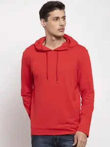 DOOR74 Men Red Solid Hooded Sweatshirt