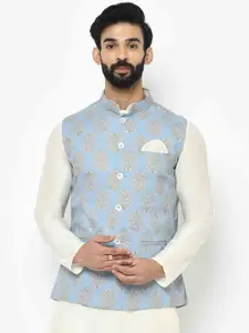 KISAH Men Blue & Green Printed Nehru Jacket