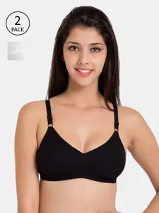 Souminie Pack Of 2 Solid Non-Wired Non Padded Everyday Bra SLY-931-BLK-2PC-WH-30B