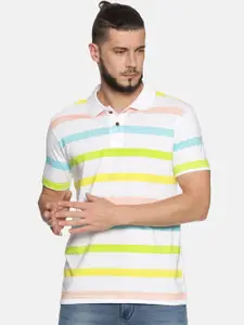 Kryptic Men White Striped Polo Collar T-shirt