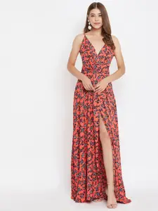 Berrylush Orange Floral Printed Maxi Dress