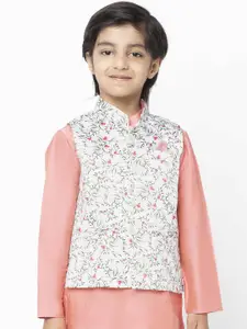 KISAH Boys White & Pink Floral Print Nehru Jacket