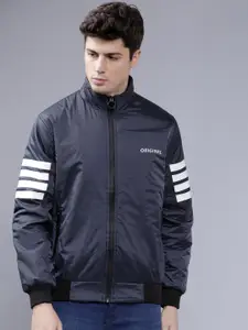 The Indian Garage Co Men Navy Blue Striped Lightweight Bomber