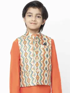 KISAH Boys Cream-Colored & Orange Printed Nehru Jacket