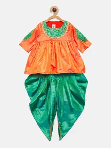 MANY FROCKS & Girls Orange & Green Solid Top with Dhoti Pants