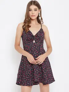 Berrylush Women Navy Blue & Red Floral Printed Fit and Flare Dress
