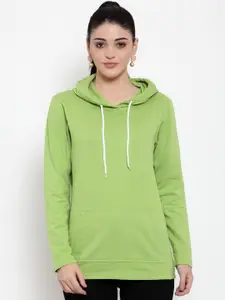 DOOR74 Women Green Solid Hooded Sweatshirt