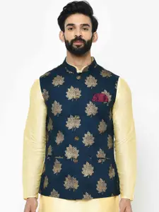 KISAH Men Navy Blue & Gold-Coloured Printed Nehru Jacket