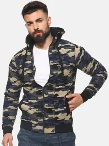 Campus Sutra Men Blue & Beige Printed Hooded Sweatshirt