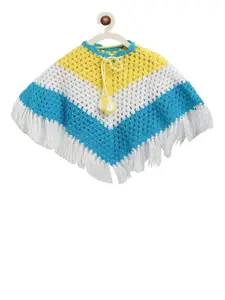 CHUTPUT Girls White Colourblocked Hand Knitted Crochet Poncho Sweater
