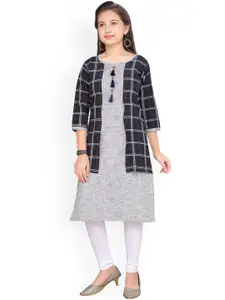 Aarika Girls Grey & Navy Blue Checked Straight Kurta