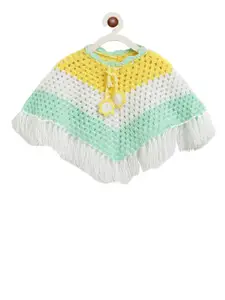 CHUTPUT Girls Yellow & White Colourblocked Hand-Knitted Crochet Woolen Poncho Sweater