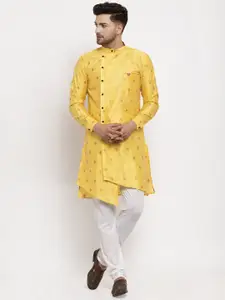 KLOTTHE Men Yellow & White Woven Design Kurta with Pyjamas