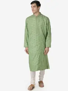 Sanwara Men Green & White Embroidered Kurta with Pyjamas