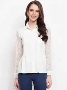 RIVI Women Cream-Coloured Solid Shirt Style Top